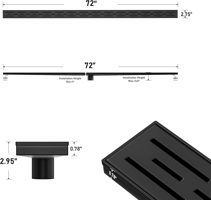 Linear Shower Drain 72" Matte Black 304 Stainless Steel | with Drain Grate| Fast Drainage | Stainless Floor Drain Grate | Hair Strainer | Drain Key | The Upgrade for Your Bathroom