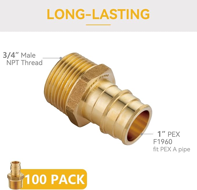 100 Pack Expansion Fittings - 1" PEX x 3/4" Male NPT Adapter, ASTM F1960 Male Threaded Adapter for Tubing(PEX1960022-100Pack)