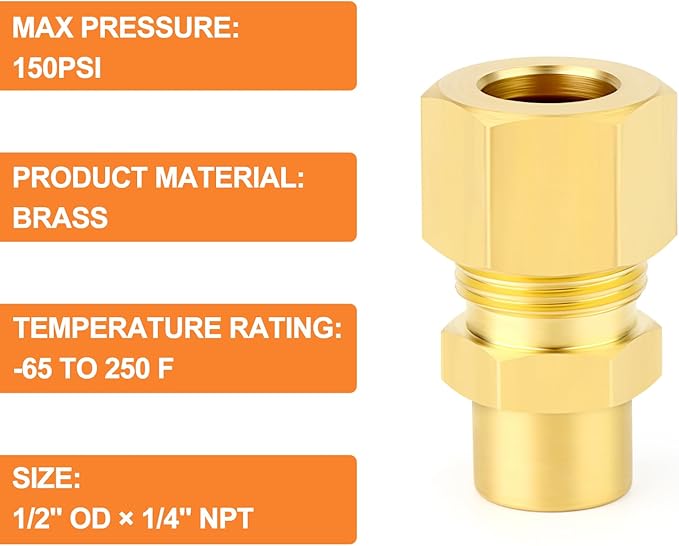 GASHER 5PCS Brass Compression Union Tube Pipe Fitting Connector, 1/2" Tube OD x 1/4" NPT Female Connector