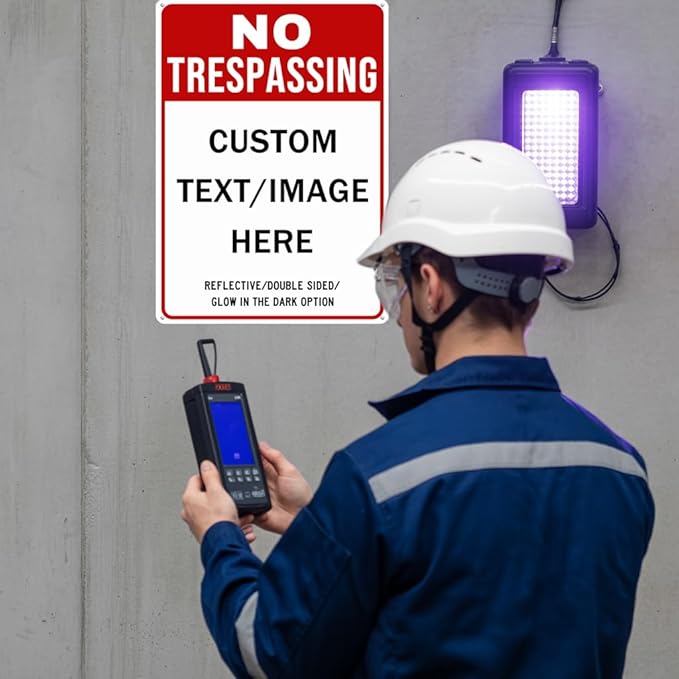 Custom No Trespassing Sign, Glow in the Dark/Reflective Option, 14''x10'' Personalized Aluminum Warning Signs, Customize for Business, Yard, Garden, School, Driveway, Outdoor