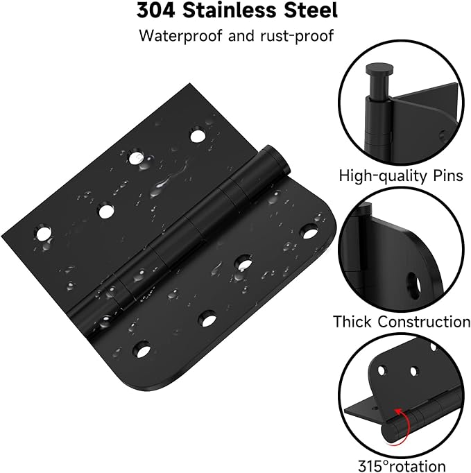 3 Pack Black Door Hinges, Heavy Duty Stainless Steel Hinges, 4in x 4in Exterior and Interior Door Hinges with Square & Round Corners, Removable Pin, for Residential Doors