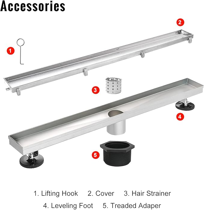 SaniteModar Linear Shower Drain, Linear Drain 36 inch with Tile Insert 2 in 1 Panels, AISI 304 Stainless Steel Brushed Shower Floor Drain with Adjustable Feet and Hair Catcher