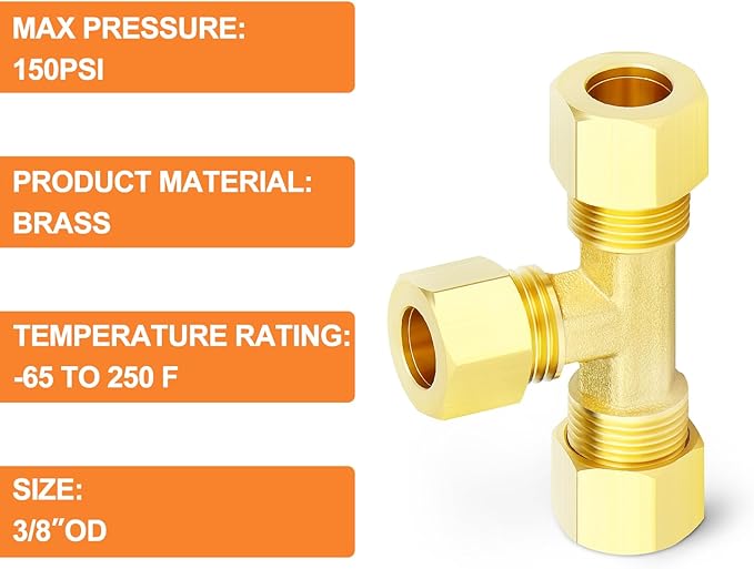GASHER 5PCS Brass Compression Tube Pipe Fitting Connector, Tee，3/8" x 3/8" x 3/8" Tube OD Connector