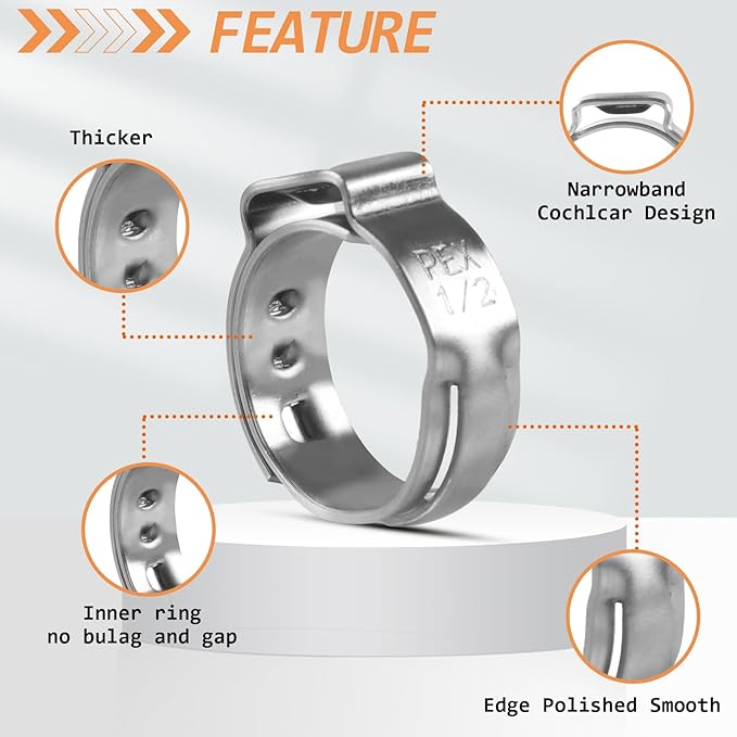 130PCS Stainless Steel Single Ear Hose Clamps 1/2 Inch PEX Cinch Clamps for Pex Tubing Pipes Fitting Connections(1/2 inch)