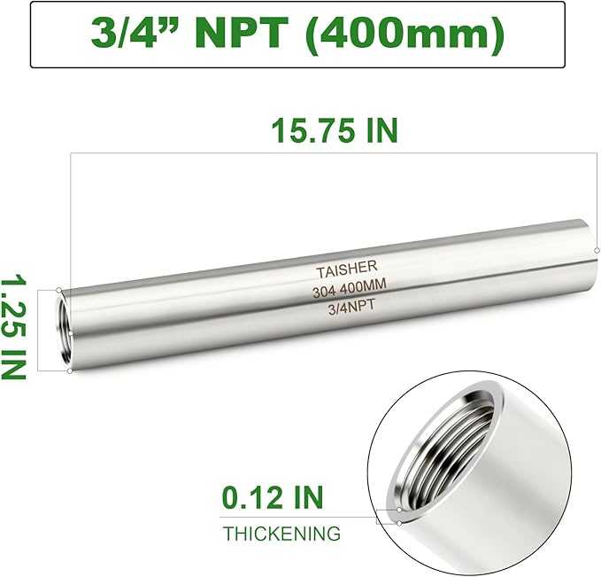 TAISHER 1PCS Stainless Steel Pipe Fittings, 3/4" NPT Female x 3/4" NPT Female Threaded, 16" Length Thickened Nipple Cast Pipe