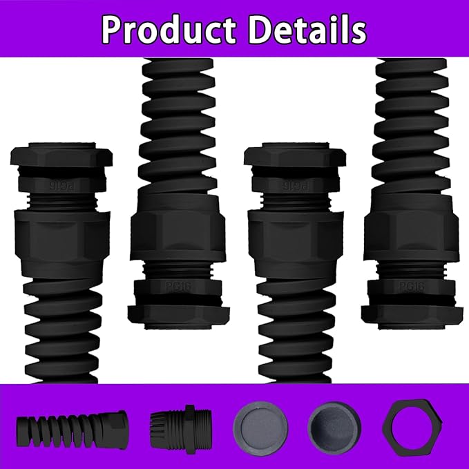 Swpeet 22Pcs 6 Sizes 3mm-18mm Waterproof Cable Gland Conduit Fittings with Gasket, Flex Spiral Strain Relief Black Nylon Pigtail Cord Joint Cord Connector Adjustable Locknut for Cable Wire