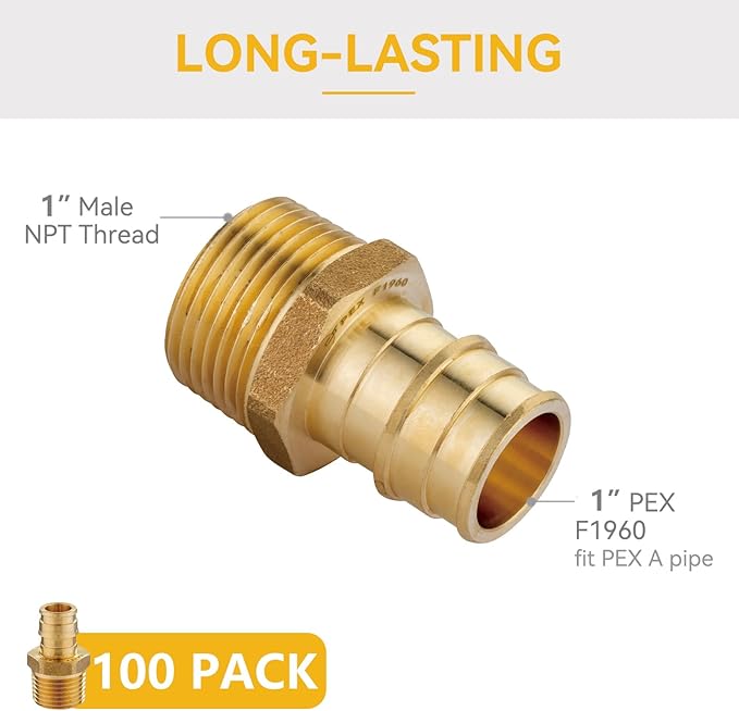 100 Pack PEX-A Fittings,1"x 1" Brass Expansion Male NPT Adapter,F1960 Male Threaded Adapter for Pex A Tubing, Copper(PEX1960019-100Pack)