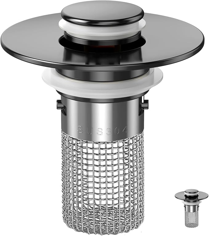 Sink Stopper Hair Catcher, Pop-up Sink Drain Strainer with Removable Stainless Steel Strainer Basket Hair Catcher, Bathroom Sink Strainer for Bathroom Sink Stopper Replacement(Matte Black-1PCS)