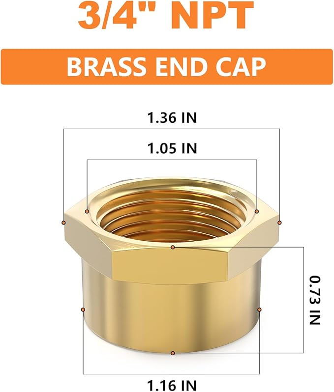 GASHER 3/4"NPT Brass Pipe Cap, NPT Female Thread Socket Pipe End Cap Plugs Fitting 10PCS