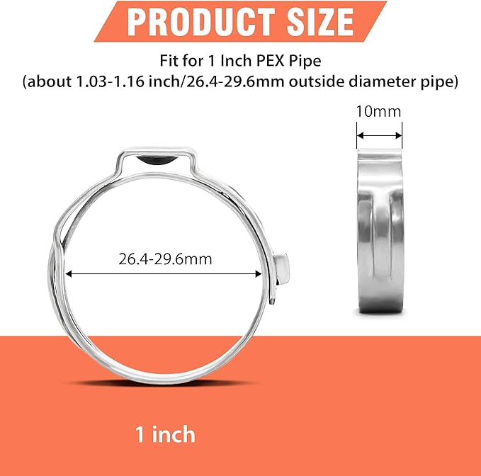60pcs 1 inch PEX Cinch Clamps Rings, 304 Stainless Steel Single Ear Hose Clamps, Pex Crimp Rings for PEX Tubing Pipe Fitting Connections