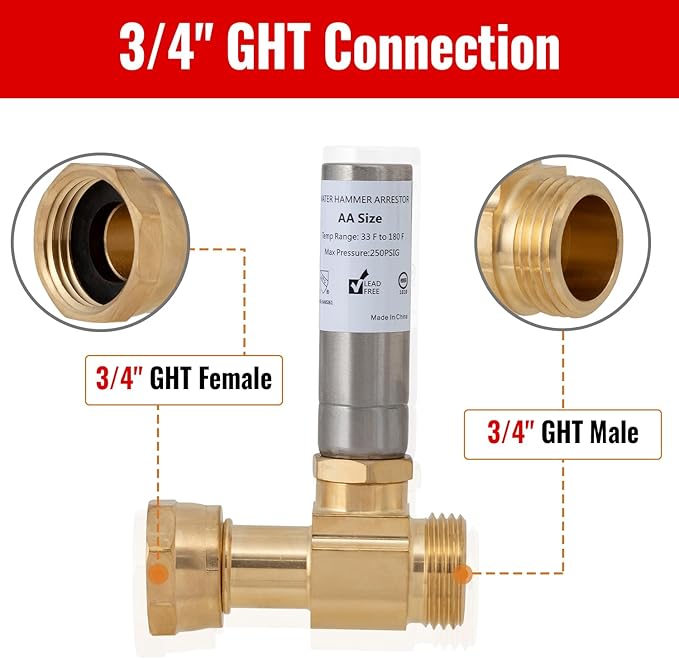 SUNGATOR 3/4 Inch Washer Water Hammer Arrestor, 3/4" GHT Male x 3/4" GHT Female Washing Machine Water Hammer Arrestor for Laundry Line, Stop Hose Shock, 1 Sealing Tape Include