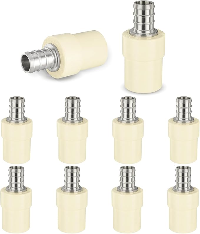10-Pack HeSun 1/2-Inch CPVC Transition Coupling, 1/2" PEX x 1/2" CPVC Brass Crimp Pex Fittings, ASTM F1807(PEX1807340)
