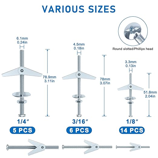 100pcs Heavy Duty Drywall Anchors and Screws, 25 Sets Toggle Bolts and Wing Nuts Set for Hanging Lamps Heavy Items 1/8" 14 Sets, 3/16" 6 Sets, 1/4" 5 Sets