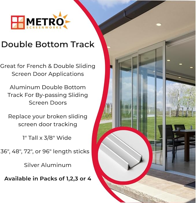 Deluxe Double Sliding Door Bottom Track for French Doors - Easy Assembly Hardware for DIY & Replacement - Heavy Duty Silver Aluminum Track Satin Finish - 1” Wide 3/8” Tall - 48 in, 4 Pieces