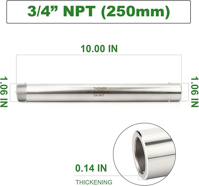 TAISHER 1PCS 304 Stainless Steel Pipe Fittings, 3/4" NPT Male Threaded, 10" Length Weld Nipple Cast Pipe