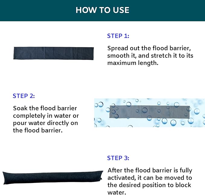 4Pcs 5FT Water Activated Flood Barriers for Garage and Home Doors, Sandless Sandbag for Rain Water Control, Easy to Use (5ft, 4Pack)