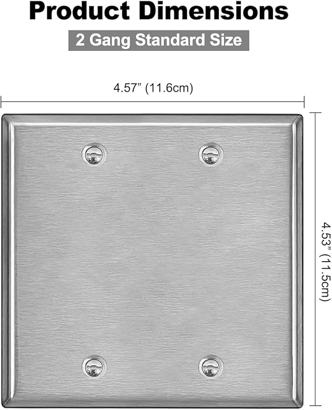 [5 Pack] BESTTEN 2-Gang No Device Metal Blank Wall Plate with Ｗhite or Clear Plastic Film, Corrosion-Resistant Stainless Steel Outlet Cover, Standard Size, Brushed Finish, H4.53” x W4.57”