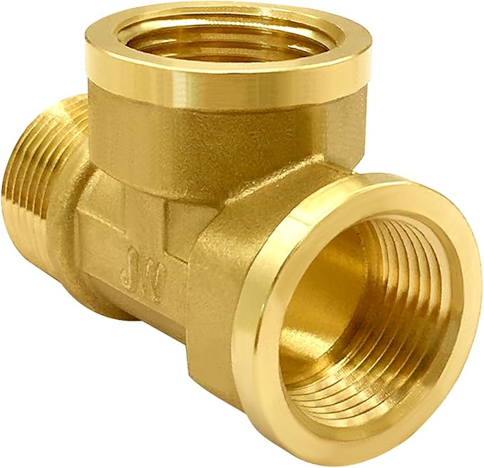 Joywayus Brass Pipe Fitting Barstock Tee 3 Way NPT 3/4" Female x 3/4" Female x 3/4" Male Hose Fitting