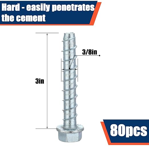 Tandefio 80 Pack 3/8" x 3" Concrete Screw Anchor Galvanized Large Diameter Heavy Duty Plated Concrete Anchors for Masonry Brick Anchoring Block Decking Framing Hex Drive
