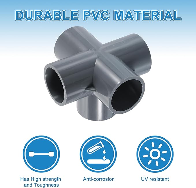 uxcell 1" PVC Fittings, 4 Pcs 5 Way Elbow Connector Elbow PVC Furniture Fittings Corner Fitting for Water Supplies PVC Furniture DIY Shelf Greenhouse Tent Connection, Grey