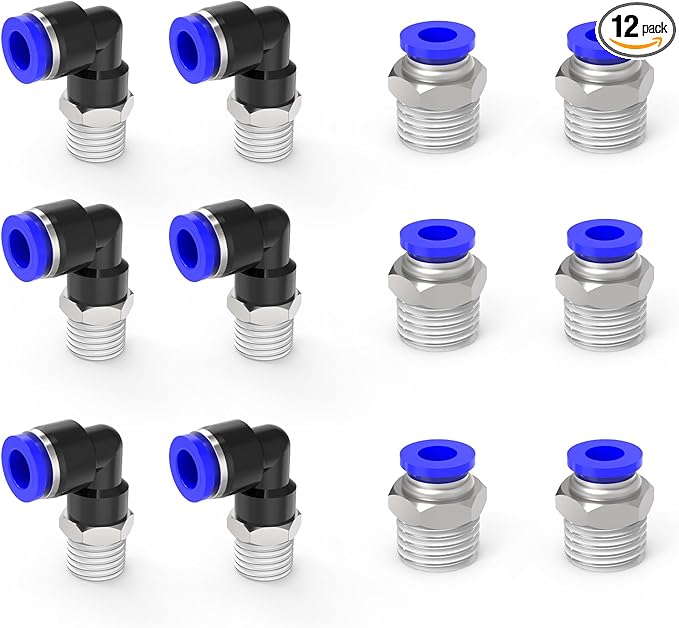 Nickel-plated Iron 1/4"Tube OD x 1/8"NPT 12Packs Quick Release Connectors Elbow and Straight Combination Thread Push to Connect Tube Fittings Kits