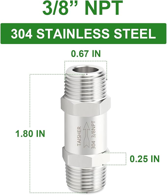 TAISHER 1PCS 304 Stainless Steel 3/8" NPT Male Check Valve,Backflow Prevention,One Way Non-Return Check Valves