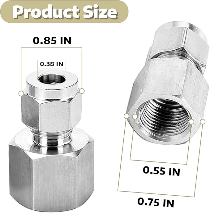 Stainless Steel 304 Compression Tube Fitting, Straight Adapter, 3/8" Tube OD x 1/4" NPT Female Coupler, Pack of 2