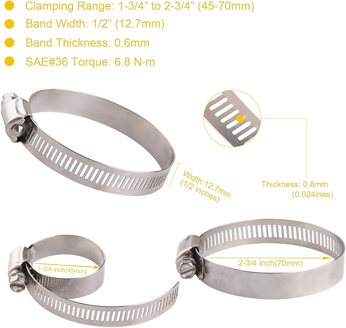 Winlong Stainless Steel 2'' Hose Clamps, 10PK SAE 36 Worm Gear Hose Clamps Adjustable 1 3/4 Inch-2 3/4 Inch (45-70mm) for Automotive Plumbing, 2 1/2'', 2.5'', 2 1/4'' Hose Clamps
