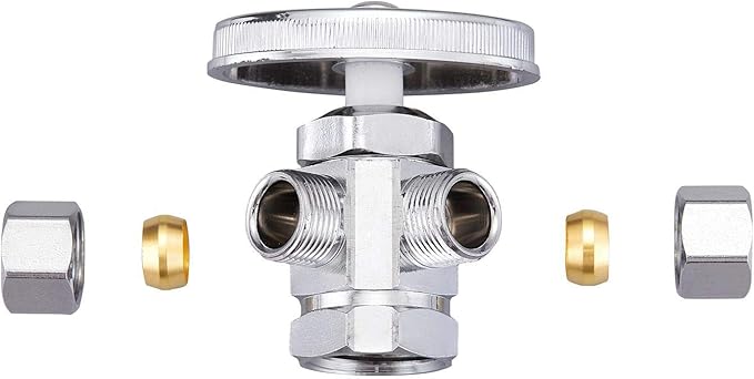 Chrome Plated Heavy Duty Brass 3-way 360 Angle Stop Valve, 1/2"FIP Inlet x 3/8"OD Compression x 3/8"OD Compression Dual Outlet Valve