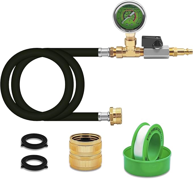 RV Winterizing Kit with Pressure Gauge, 60inch RV Winterize Hose with 3/4" GHT Blow Out Fitting Adaptor & 1/4" Quick Connect Plug, Sprinkler Winterization for RV, Camper, Boat, Travel Trailer, Black