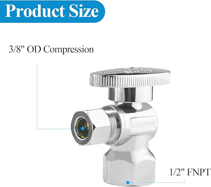 WiseWater Angle Stop Valve 1/2" FNPT x 3/8" Compression, Quarter Turn Chrome Plated Brass Toilet Shut Off Valve for Bathroom & Sink Supply Lines (5-Pack)