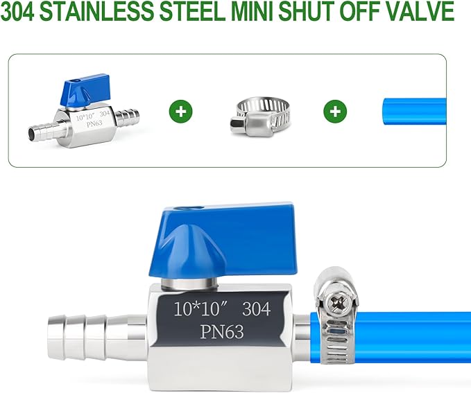 TAISHER 1PCS 304 Stainless Steel 3/8" Mini Ball Valve Shut Off Switch, 3/8” Hose Barb with 2PCS Hose Clamps