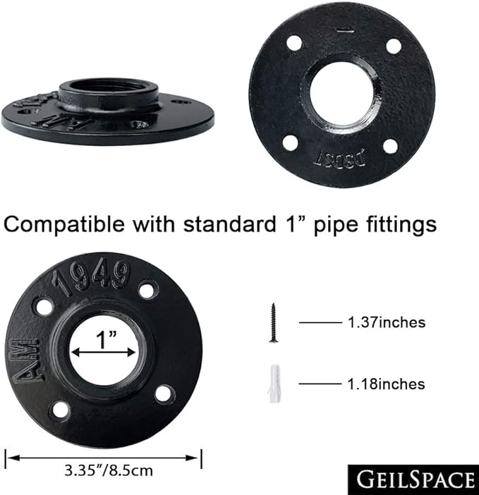 GeilSpace Floor Flange, Malleable Iron Pipe Fittings - Vintage DIY Industrial Shelving, Industrial Decor, Furniture DIY (1", Black)