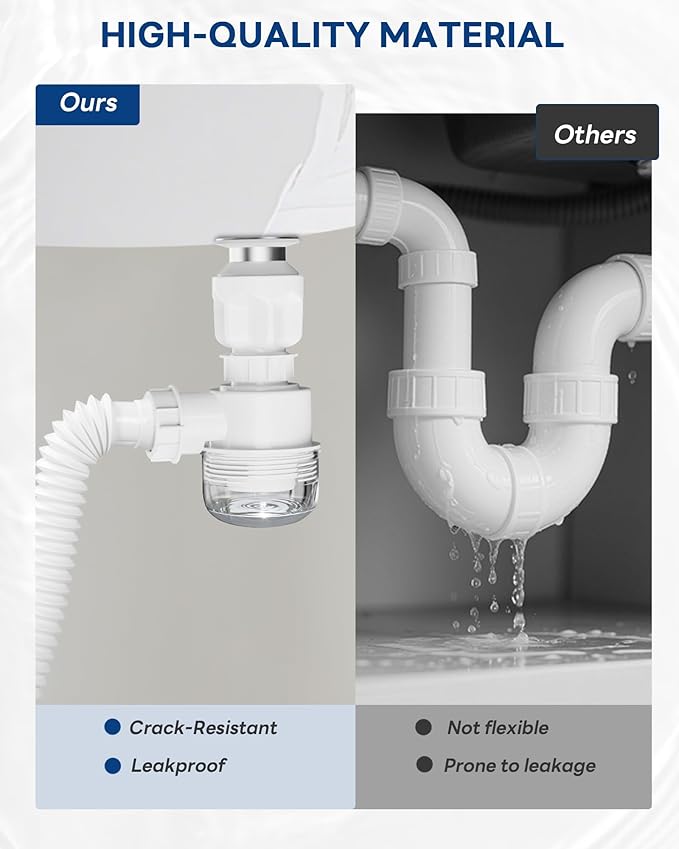 BOTEMY 1 1/2" Bathroom Sink Drain Kit with Flexible Drain P-Trap - No Tool Installation, Anti-Odor White Sink Drain Pipe Kit for Bathroom, Black Pop Up Stopper &Strainer Hair Catcher(with Overflow)
