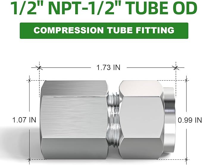 TAISHER 1PCS 304 Stainless Steel Compression Tube Pipe Fitting Connector, 1/2" Tube OD x 1/2" NPT Female Straight Adapter