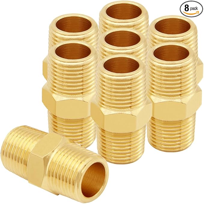 8PCS 1/4 Inch NPT Brass Hex Nipple Coupling 1/4" NPT x 1/4" NPT Male Threaded Equal Diameter Coupler Air Hose Pipe Fittings Adapter for Water/Oil/Gas