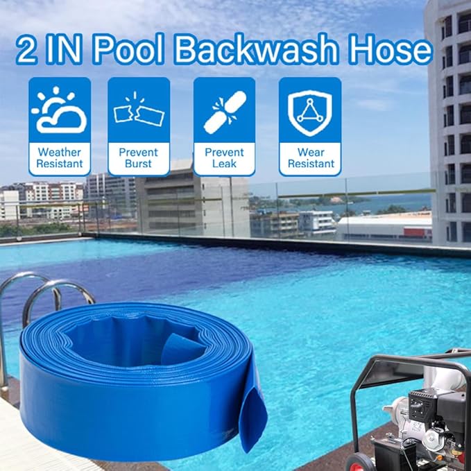 2" x100 FT, Pool Backwash Hose, Heavy-Duty PVC Hose, Lay Flat Discharge Hose, Weatherproof Burst Resistant for Water Transfer, Sump Pump, Pool Filter, Pool Drain，with 2 Clamps
