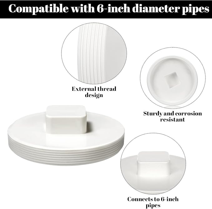Frienda 2 Pcs 6 Inch NPT Male Threaded PVC Cleanout Plug PVC DWV Pipe Fitting Flush Sewer Cleanout Cap Cover Adapter for Plumbing Water Line Drainage Piping System