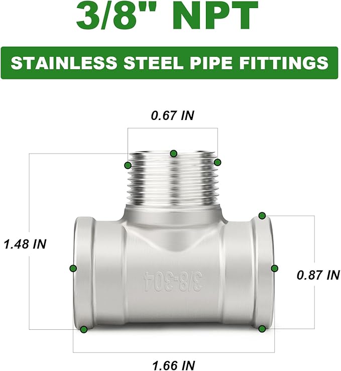 TAISHER 5PCS 304 Stainless Steel Tee Pipe Fittings, 3/8" NPT Female x 3/8" NPT Male x 3/8" NPT Female Pipe Fittings, Male Branch Tee