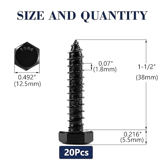 5/16" x 1-1/2" Hex Head Lag Screws Bolts 20Pcs 304 Stainless Steel 18-8, Partial Thread, Hexagon Head Wood Screws by Black Oxide by SG TZH