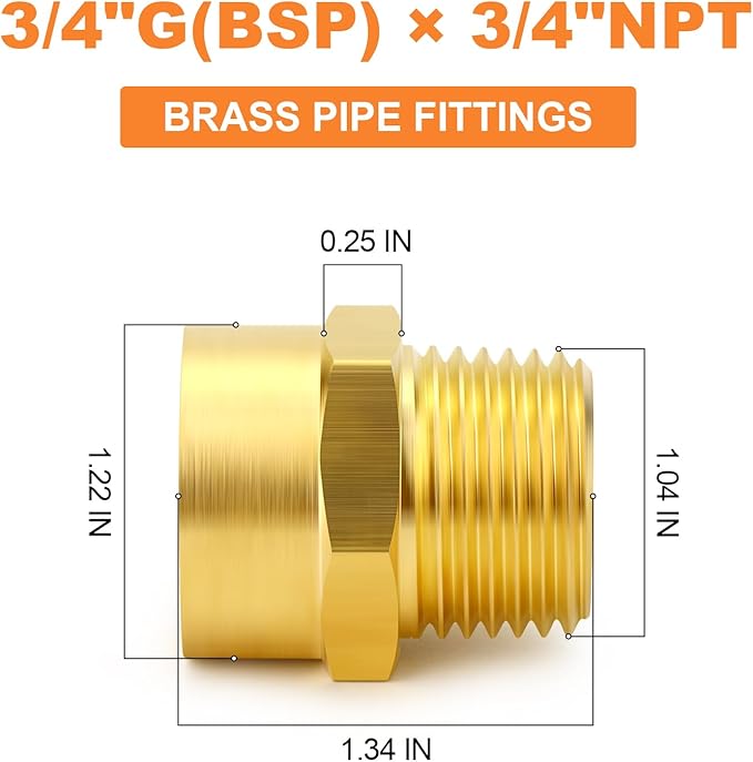 GASHER 5Pcs 3/4" G Thread Female × 3/4" NPT Thread Male Brass Pipe Fitting Adapter, G to NPT Adapter