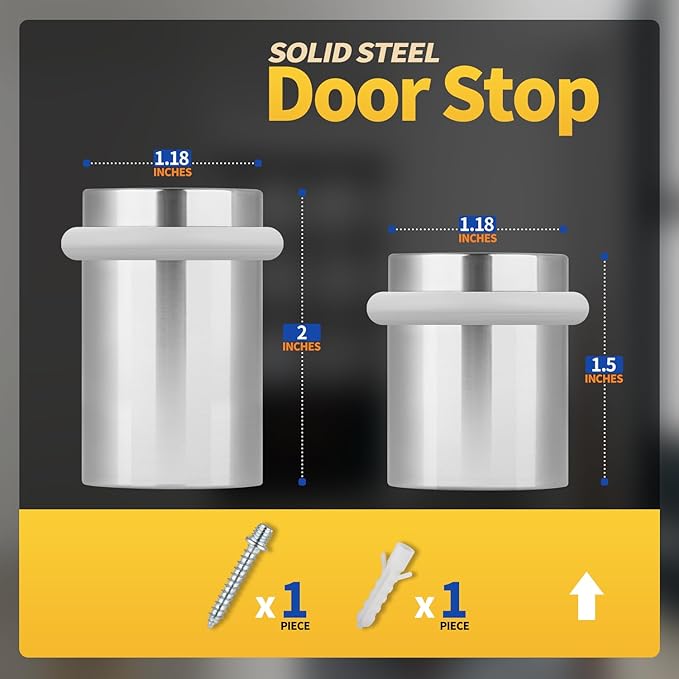 Floor Door Stopper Door Stop-Classy Solid Steel Modern Heavy Duty Door Stoppers -Floor Mount Anchor Screw-Wall Protector for Commercial Door(Stainless Steel White, 1.5 Inch)