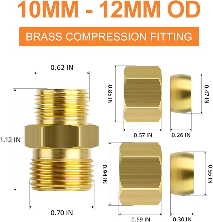 GASHER 5PCS Brass Compression Tube Pipe Fitting Connector, 10mmx12mm Tube OD Connector