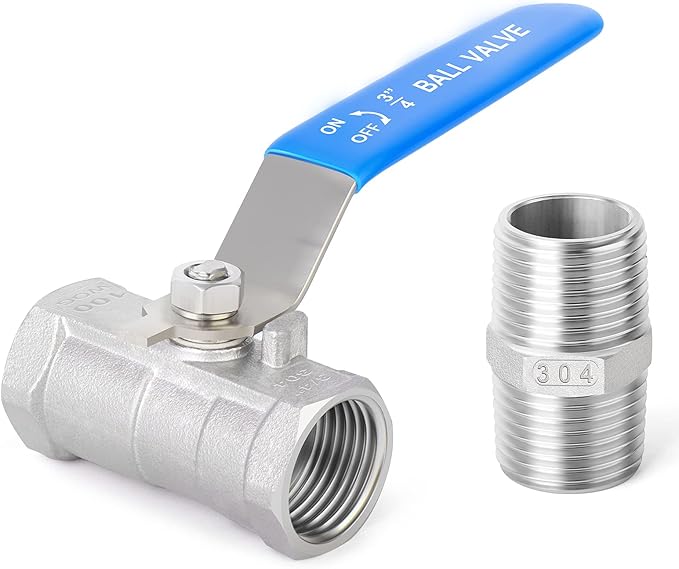 TAISHER 4 Pcs 3/4 Inch FNPT Ball Valve Kit, 304 Stainless Steel with Blue Handles & Nipple