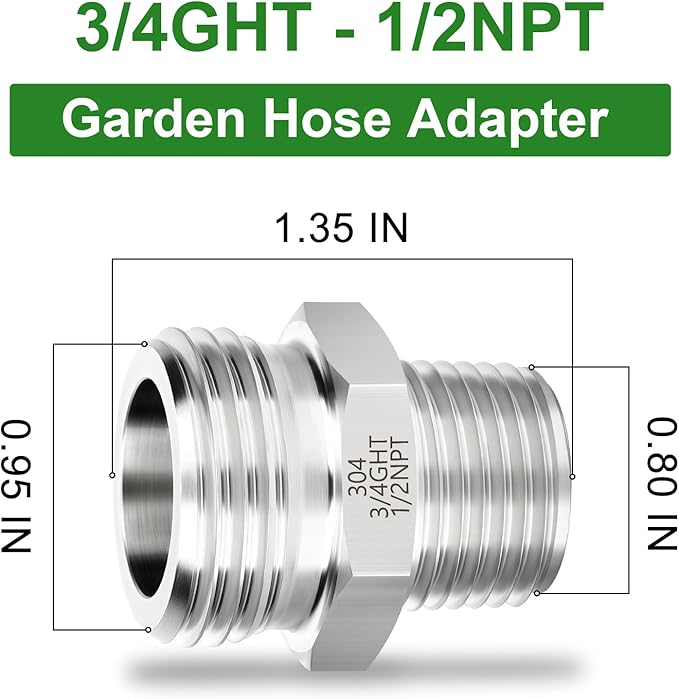 TAISHER 1PCS 304 Stainless Steel Garden Hose Adapter, 3/4" GHT Male x 1/2" NPT Male Garden Hose Connector with Washers