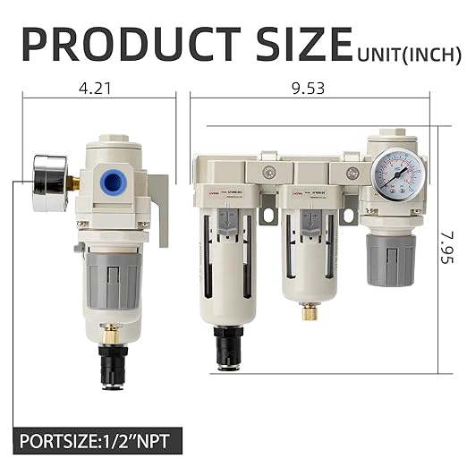 Air Filter Dryer 1/2 NPT Manual-Automatic Integrated-Double Air Filters,Air Pressure Regulator,Air Compressor Water Separator(0-150PSI)