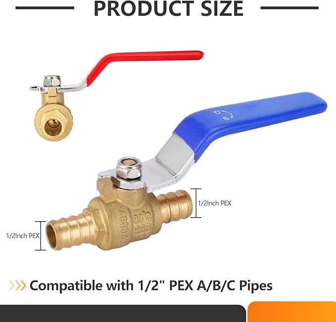 HeSun 12-PCs 1/2 Inch PEX Ball Valves, 1/4 Turn Full Port Shut-off, Brass Crimp Pex Valve for Hot and Cold Water, ASTM F1807,Blue & Red