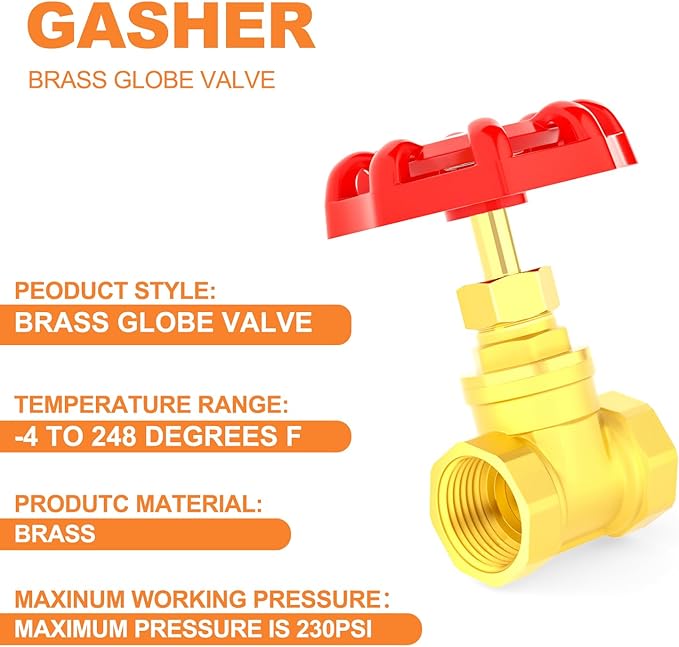 GASHER 1PCS Brass industrial Globe Valve, 1/2" NPT DN15 Female with Wheel Handle,Globe Valve Tool For Water, Oil, Gas