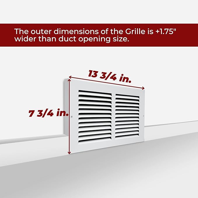 [2 Pack] Fits 12x6 Duct Opening | Steel Baseboard Return Air Grille by Handua | Vent Cover Grill | 7/8" Margin Turnback [Depth] to Fit Baseboard | White | Outer Dimensions: 13.75"W X 7.75 "H