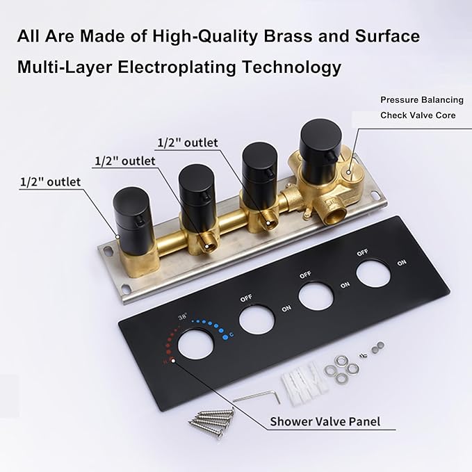 Matte Black Thermostatic Shower Valve, Concealed Mount, Pressure Balancing Brass Shower Mixing Valve, Can Water Flow Control